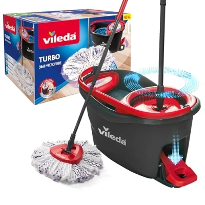 Abbildung von Vileda Turbo 3in1 Komplett Set, Wischmopp mit Mikrofaser Moppkopf, Eimer Schleuder, Teleskopstiel: 85 123 cm, entfernt 99% der Bakterien, nachhaltiges Wischsystem, Love it Clean