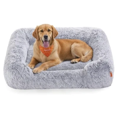 Abbildung von Feandrea Hundebett, Hundekissen, 106 x 75 20 cm, Hundekorb, weiche Polsterung, Hundesofa, erhöhte Ränder, Bezug abnehmbar und maschinenwaschbar, rutschfest, Ombré Grau PGW273G01