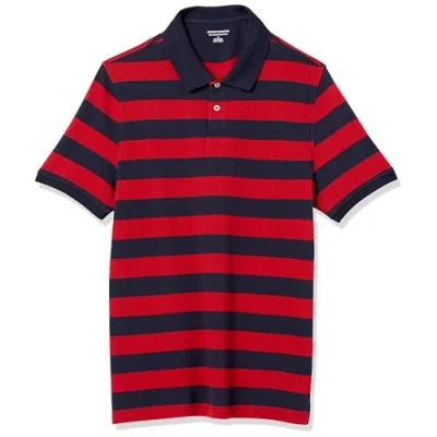 Abbildung von Amazon Essentials Herren Piqué Poloshirt aus Baumwolle, Schmale Passform, Marineblau Rot Rugby Streifen, XL