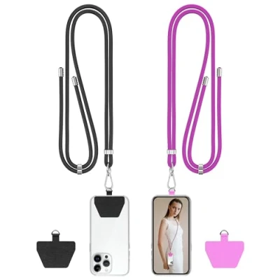Abbildung von COCASES Handykette Universal zum Umhängen 2 Stück Handyband aus Nylon kompatibel mit jeden Smartphones, Handy Kette Umhängenband Kordel (Schwarz/Violett)