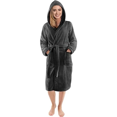 Abbildung von NY Threads Morgenmantel für Frauen mit Kapuze, kuschelig weich, Loungewear und Nachtwäsche (Klein,Dunkelgrau)