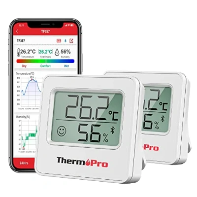Abbildung von ThermoPro TP357 80m Bluetooth Hygrometer Innen 2er Set Raumthermometer Digital mit APP Mini Luftfeuchtigkeitsmesser Smiley Indikator Datengrafik für Innenraum, Büro, Weinkeller, Gewächshaus