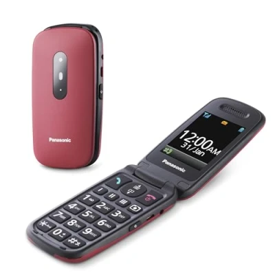 Abbildung von Panasonic KX TU446EXR Seniorenhandy zum Aufklappen ohne Vertrag (SOS Notruftaste, Stoßfest, Sprachverstärker, große getrennte Tasten, Schrift und Nummernanzeige) wein rot