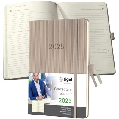 Abbildung von SIGEL C2560 Terminplaner Wochenkalender 2025, ca. A5, taupe, Hardcover, 192 Seiten, Gummiband, Stiftschlaufe, Archivtasche, aus nachhaltigem Papier, Conceptum
