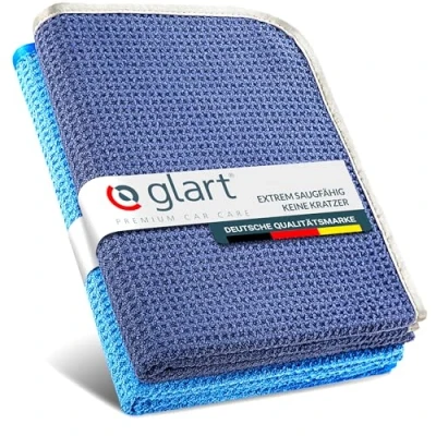 Abbildung von Glart Auto Trockentuch Waffeltuch 2er Set Premium Mikrofasertücher extra saugstark 70x40cm Kratzfreies Trocknen vor Autopolitur &amp; nach Felgenbürste Mikrofaser Blau