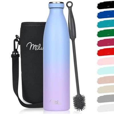 Abbildung von Milu Edelstahl Trinkflasche 350ml, 500ml, 750ml, 1L, 1,5L Thermosflasche für Kinder Erwachsene auslaufsicher Isolierflasche Kohlensäure geeignet inkl. Reinigungsbürste (Blau Violett, 1000ml)