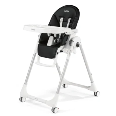 Abbildung von Peg Perego Prima Pappa Follow Me Licorice Hochstuhl mit Baby Liegefunktion und 4 Doppelrollem Bremsen, Lederimitat Bezug, schwarz