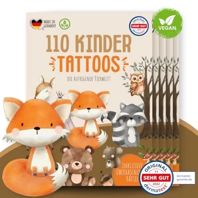 Abbildung von MeinBaby123 550 hautfreundliche Kinder Tattoos Süße Tiere, Waldtiere Tattoo Kinder, Kindertattoos zum Aufkleben, vegan &amp; made in Germany (5x Tiere)