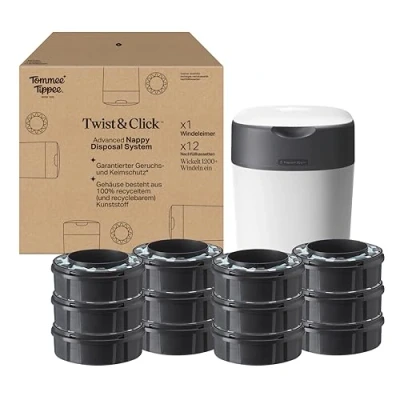 Abbildung von Tommee Tippee Twist and Click Advanced Windeleimer, umweltfreundliches System, inkl. 12x Nachfüllkassetten mit nachhaltig gewonnenem, antibakteriellem GREENFILM, Weiβ