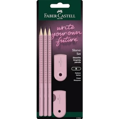 Abbildung von FABER CASTELL 217084 Bleistifte Set Sleeve, mit Spitzer, Radiergummi und 3 Bleistifte, Schreibset Grip 2001 rose shadows
