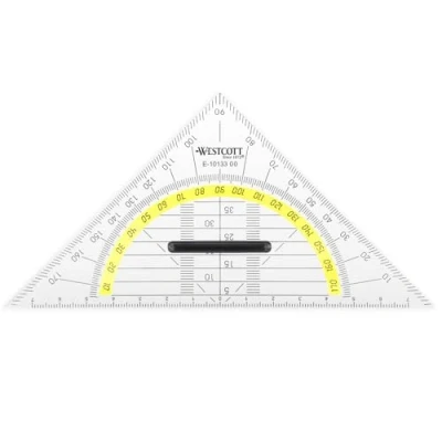 Abbildung von Westcott Geodreieck 14 cm mit abnehmbarem Griff Transparentes aus Kunststoff gelber Skala Technische &amp; Winkelmesser für Schule, Uni oder Büro E 10133 00