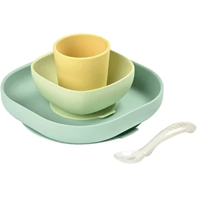 Abbildung von BÉABA, Baby Essensset aus Silikongeschirr, Mit Saugnapf, Rutschfest, 4 Teile, Teller + Schüssel Glas Löffel, Gesundes und nachhaltiges Silikon, Spülmaschinenfest, Mikrowellengeeignet, Gelb