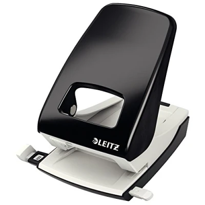 Abbildung von Leitz Starker Büro Locher aus Metall, Für 40 Blatt, Anschlagschiene mit Formatangaben, Ergonomisches Design, schwarz, 51380095