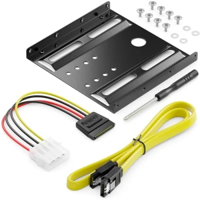 Abbildung von deleyCON Einbaurahmen für 2,5&quot; Festplatten SSD&#039;s auf 3,5&quot; Adapter Wechselrahmen Mounting Frame Halterung Schienen inkl. Schrauben Stromadapter SATA Kabel &amp; Schraubendreher Schwarz
