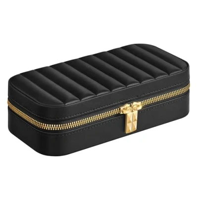 Abbildung von SONGMICS HOME ANAH Kollektion Schmuckkästchen Reise, Schmuckbox klein, Schmuckaufbewahrung mit Spiegel, 10,5 x 20,5 6 cm, PU Nähten, Reißverschluss, Weihnachten, tintenschwarz JBC180B01