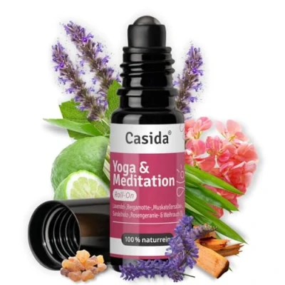 Abbildung von Casida Yoga &amp; Meditation Roll On mit Lavendel, Bergamotte, Sandelholz, Rosengeranie, Muskatellersalbei Weihrauchöl Ruhe Balance 10 ml Duftöl, Ätherisches Öl für die Aromapflege unterwegs