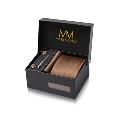Abbildung von Massi Morino Krawatte Braun mit Einstecktuch Set Herren inkl. Manschettenknöpfe, Krawattennadel und Geschenkbox Männer Krawattenset