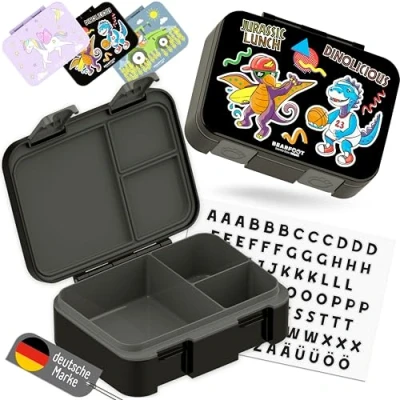 Abbildung von BEARFOOT Bento Box COMPACT Brotdose Kinder mit Fächern Mädchen &amp; Jungen (BPA frei) Für Schule Kindergarten auslaufsicher Leicht kompakt (Dinos schwarz, 650ml)