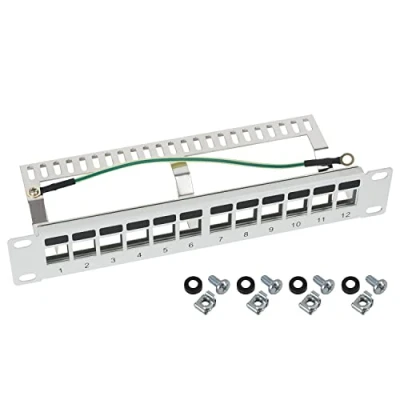 Abbildung von HMF 63346 07 STP Keystone Patchpanel für Serverschrank 10 Zoll 1 HE 12 Ports RJ45 Geschirmt Lichtgrau