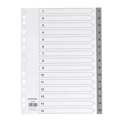 Abbildung von 5er Set 15 teiliges Register/Trennblätter aus PP, DIN A4 mit Zahlen 1 15, volldeckend + praktischem Deckblatt stabilem Papier zum Beschriften. Trenn Blätter für die Ordner Organisation im Büro