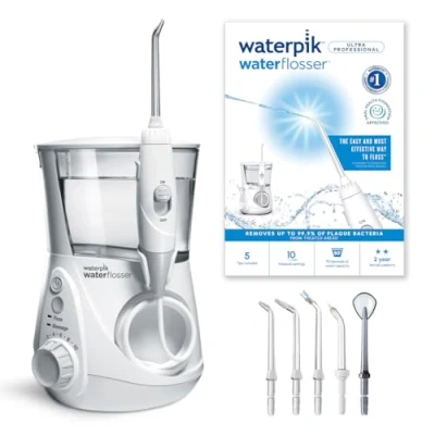 Abbildung von Waterpik Ultra Professional Waterflosser feststehende Munddusche mit 7 Aufsätzen, Druckbereich von 0,7 Bar regulierbar über 10 Druckeinstellungen, integrierter Timer, Weiß (WP 660EU)