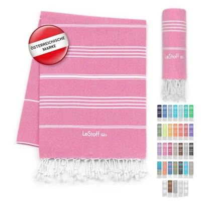 Abbildung von LeStoff Premium Hamamtuch 100% Bio Baumwolle Vorgewaschen, Nachhaltig, Saugstark &amp; Schnelltrocknend Strand, Bade, Dusch, Yoga, Spa Reise Tuch (95 x 180 cm, Pink)