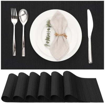 Abbildung von Myir JUN Tischsets Abwaschbar 6er Set, Gewebte Platzdeckchen rutschfest Abgrifffeste Hitzebeständig, Vinyl Platzsets für küche Speisetisch Hotel, Platz Matten 30x45cm (Schwarz)
