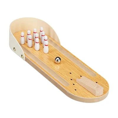 Abbildung von Relaxdays Tischbowling, Mini Bowlingbahn, Set mit 10 Pins, Geschicklichkeitsspiel, Erwachsene &amp; Kinder ab 3 J., Natur
