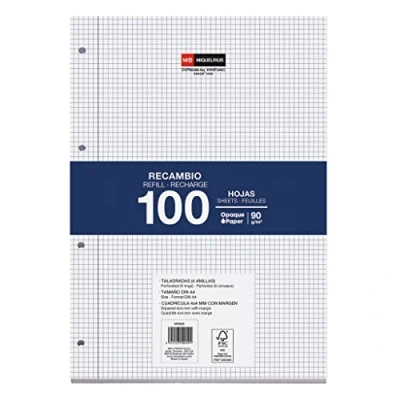 Abbildung von Miquelrius Nachfüllpackung 100 Blatt, 4 mm Raster &amp; Rand, A4 Format, Loch gestanzt, 90 g/m² Papier