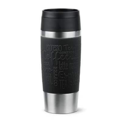 Abbildung von Emsa N20202 Travel Mug Classic Isolierbecher 0,36 Liter neuer Komfort Schraubverschluss Edelstahl 4h heiß und 8h kalt 100% dicht spülmaschinenfest 360 Trinköffnung Schwarz
