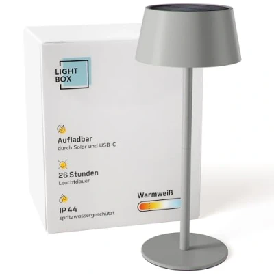Abbildung von Lightbox LED Außen Tischlampe Ø 13 cm kabellose Outdoor Lampe mit Solar 3 Stufen Touch Dimmer Akku betriebene Tischleuchte (4 W, 300 lm, 3000 K) aus Metall/Kunststoff in Grau Balkon Deko