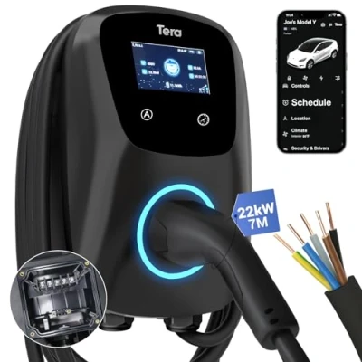 Abbildung von Tera EV Ladegerät Smart App mit 32A Typ 2 22kW Heim Ladestation 400V CE &amp; TÜV Wallbox 7m Ladekabel Ladegerätehalter Steuerung Hardwiring für Alle EVs und PHEVs W01 Schwarz
