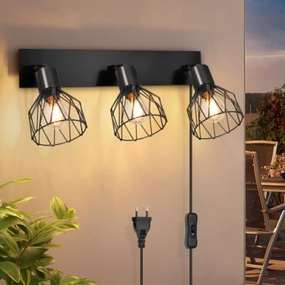 Abbildung von Kimjo Wandlampe mit Schalter und Stecker 3 Flammig Wandleuchte Schwarz Drehbare Deckenlampe E14 Kabel Wandspot Ohne Leuchtmittel