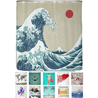 Abbildung von arteneur® Japan Welle Anti Schimmel Duschvorhang 180x200 Recycelt mit Öko Tex Standard 100 Beschwerter Saum, Blickdicht, Wasserdicht, Waschbar, 12 Ringe &amp; E Book