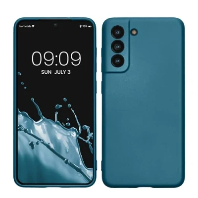 Abbildung von kwmobile Case kompatibel mit Samsung Galaxy S21 FE Hülle Schutzhülle aus Silikon metallisch schimmernd Handyhülle Metallic Karibikblau