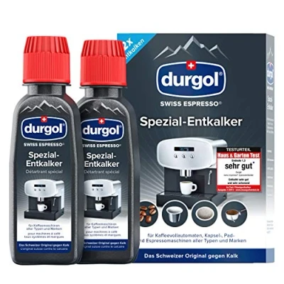 Abbildung von durgol swiss espresso Spezial Entkalker Kalkentferner für Kaffeemaschinen aller Typen und Arten Einfache Reinigung ohne Einwirkzeit &amp; Rückstände Deutsche Version 2x125ml
