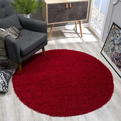 Abbildung von SANAT Teppich Rund Rot Hochflor, Langflor Modern Teppiche fürs Wohnzimmer, Schlafzimmer, Esszimmer oder Kinderzimmer, Größe: 80x80 cm