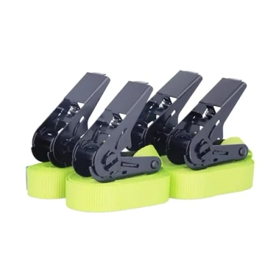 Abbildung von Sandax 4er Set Zurrgurte mit Ratsche, langlebige Einteilige Spanngurte, Ratschengurte, Länge 6 Meter (6m), Breite 25mm, Farbe neon gelb, TÜV Zertifiziert, belastbar bis 900kg, nach DIN EN 12195 2