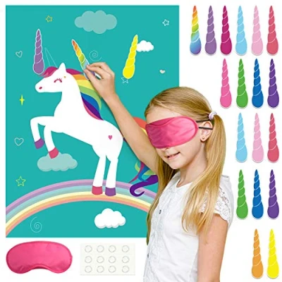 Abbildung von FEPITO Pin The Horn auf dem Einhorn Geburtstagsfeier Spiel, 24 Hörner, für Partybedarf, Kinder Geburtstags Party Zubehör (Rosa)