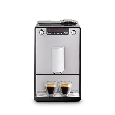 Abbildung von Melitta Solo Kaffeevollautomat mit höhenverstellbarem Auslauf, kleine Kaffeemaschine abnehmbarem Wassertank, für z. B. Espresso oder Café Crème, silber