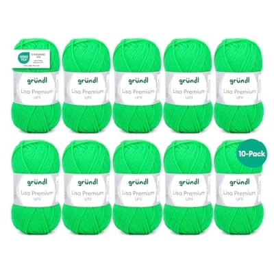 Abbildung von Gründl Lisa Premium Uni Strick &amp; Häkelgarn (weicher und wollartiger Charakter, pflegeleichtes Strickgarn aus 100% Polyacryl, 50 g/ 133 m, Nadelstärke: 3,5 4,5, 10 Knäuel á g), Neongrün