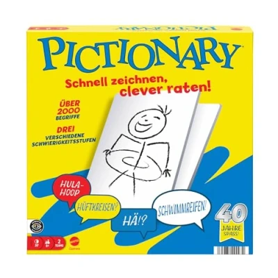 Abbildung von Mattel Games Pictionary Familienbrettspiel für Kinder, Erwachsene und Spieleabende 2 Teams mit löschbaren Stiften, Maltafeln Sanduhr, JDX99