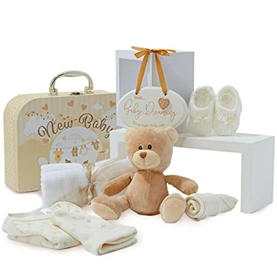 Abbildung von Baby Box Shop Babyparty Geschenk Neutral 9 Gender Reveal Geschenk, Babybox, Geschenkkorb, Neugeborene Geschenkset, Shower Gifts Geschenksets für Babys, Geschenke Crème