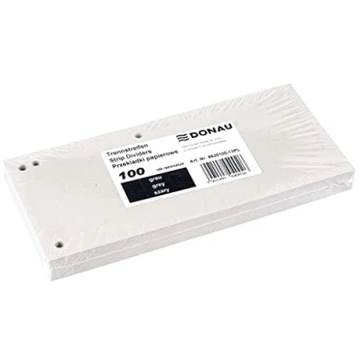 Abbildung von DONAU 100er Pack Trennstreifen/Farbe: Grau / 1/3 A4 aus 190 g/m² Recycling Karton/ 4 fach Lochung/ 23,5 x 10,5 cm/Gelocht/Trennblätter Ordner Register Trennlaschen/Made in EU
