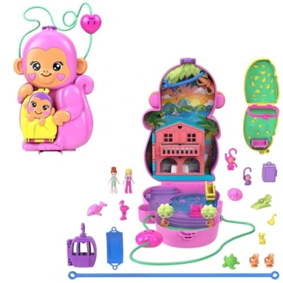 Abbildung von Polly Pocket Puppen &amp; Spielset mit Tieren und 13 Accessoires, 2 in 1 Affenmama Baby, tragbare Tasche Tierspielzeug, HWP04