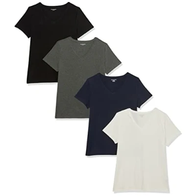 Abbildung von Amazon Essentials Damen Kurzärmeliges T Shirt mit V Ausschnitt, Klassischer Schnitt, 4er Pack, Dunkelgrau Meliert/Marineblau/Weiß, M