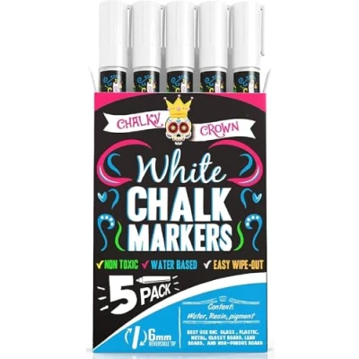Abbildung von Chalky Crown Flüssige Kreidemarker Flüssigkreide Kreidestifte für Tafelschilder, Fenster, Wandtafeln, Glas 6 mm Umkehrbare Spitze (5er Pack) Inklusive 24 Tafeletiketten