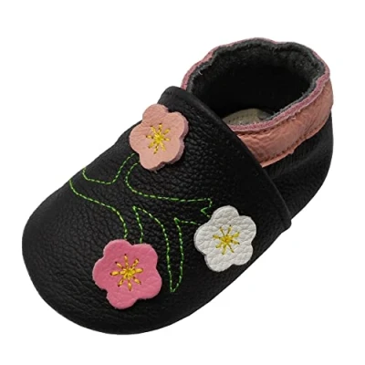 Abbildung von YALION Baby Mädchen Weiches Leder Lederpuschen Kleinkinder Krabbelschuhe mit Süßen Blumen Schwarz,18/19=S