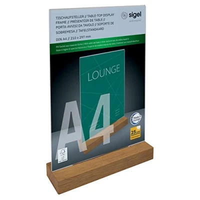 Abbildung von SIGEL TA256 Tischaufsteller A4 hoch, mit Eichenholz Sockel, glasklar Acryl, garantiert UV beständig, Holz FSC zertifiziert