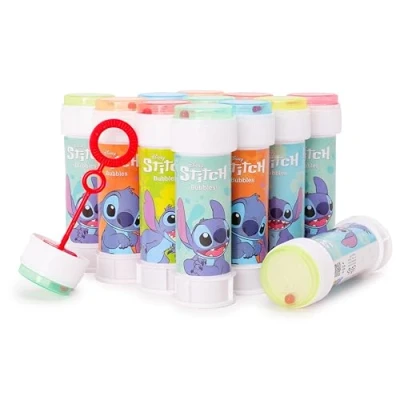 Abbildung von Toyland® 12er Pack Seifenblasenbehälter mit Zauberstäben, 60 ml Lösung und originellem Labyrinthdeckel Taschengeld Partytütenspielzeug (Stitch)